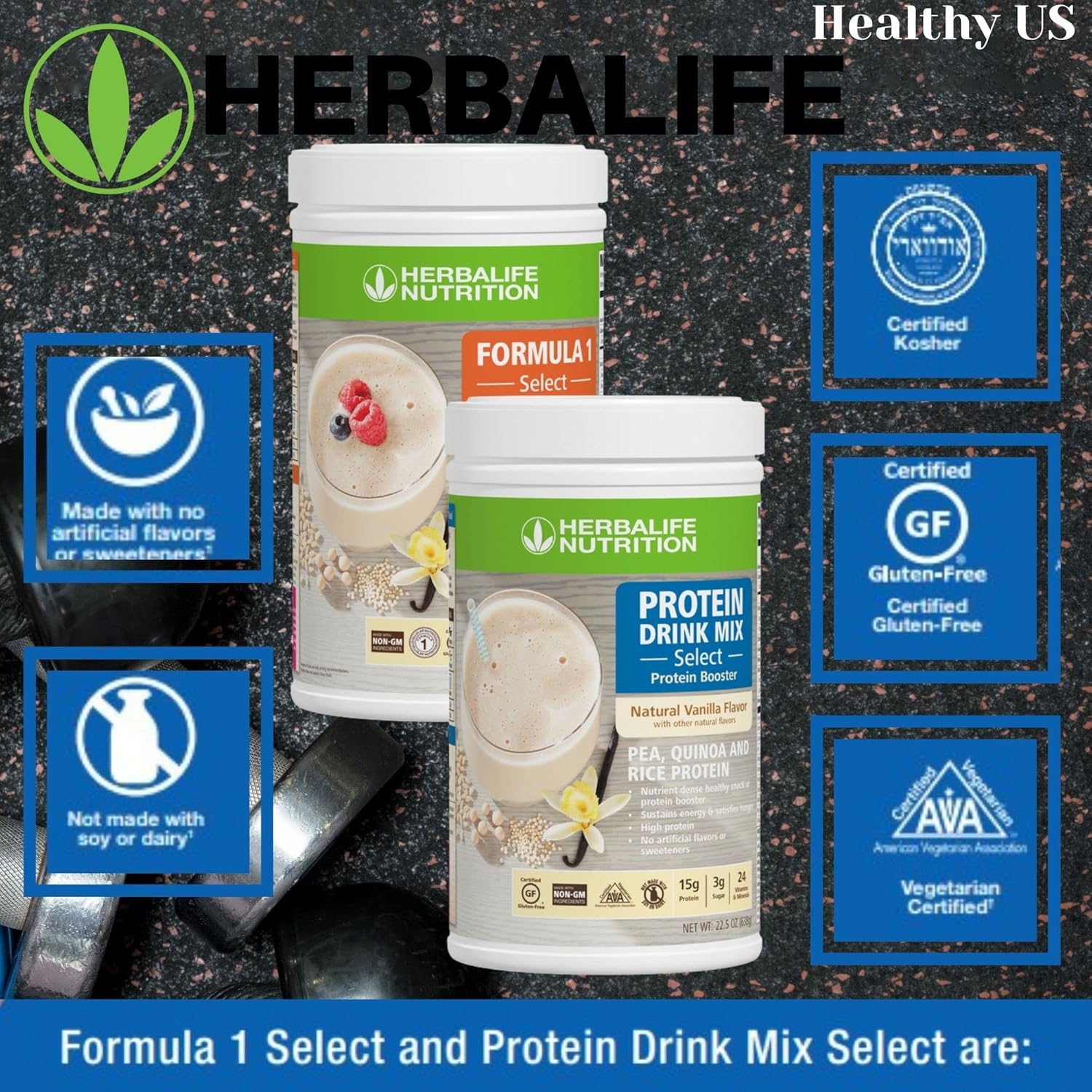 Herbalife DUO: Formula1 Select Natural Vanilla 810g + Protein Drink Mix 638g, Nutrient-Dense Meal/Snack, No Artificial Sweeteners, Gluten-Free Pack of 2