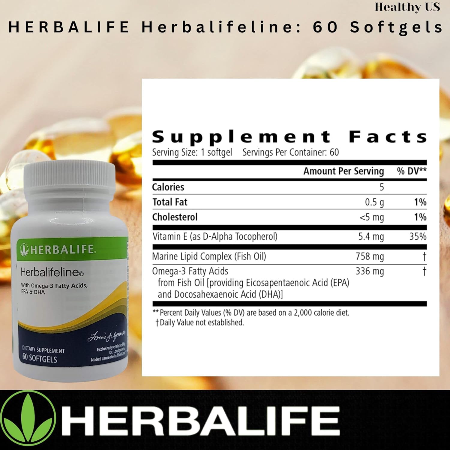 Herbalife Herbalifeline Softgels: 60 Capsules with Vitamin E, Marine Lipid Complex, Omega-3, EPA, and DHA