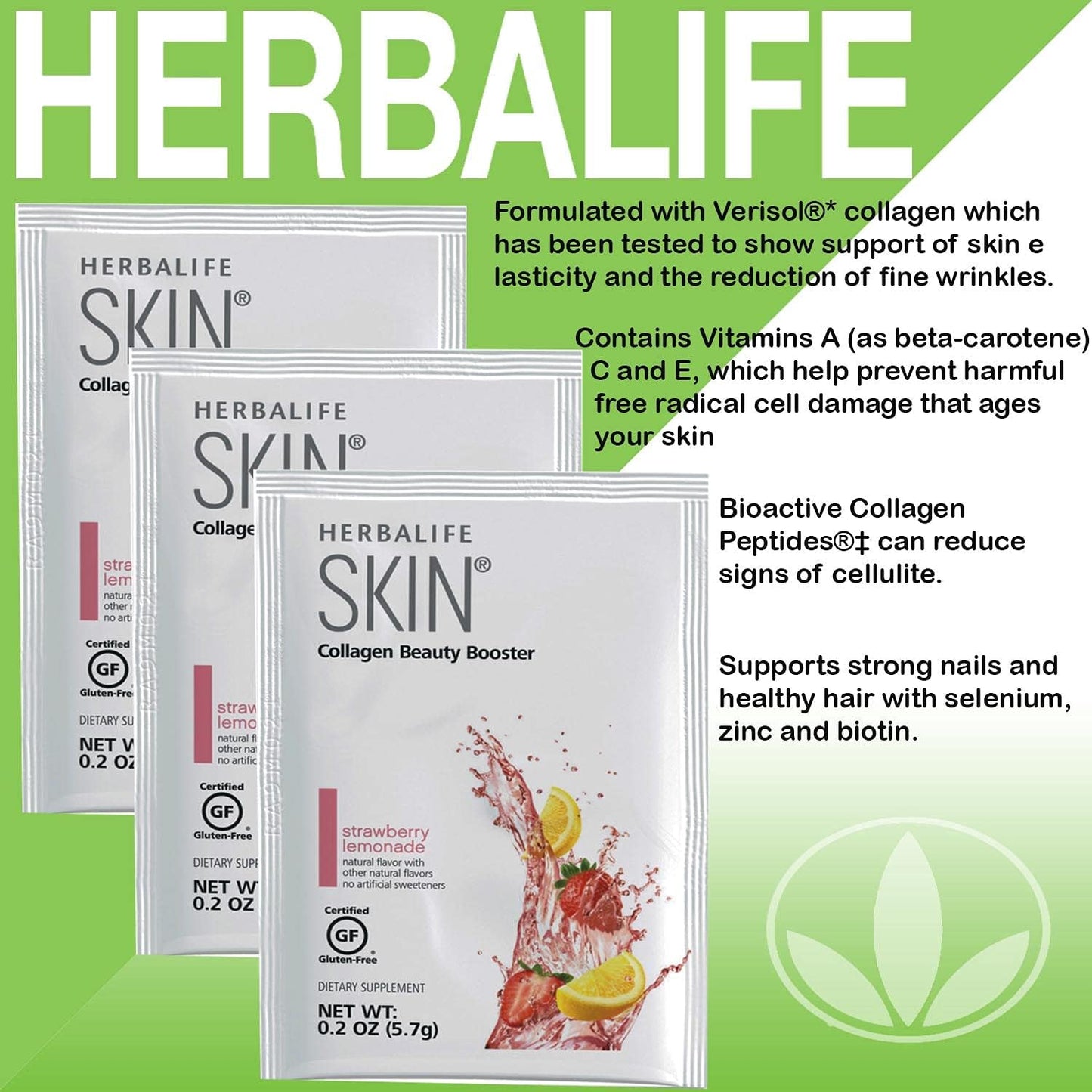 Herbalife Skin Collagen Beauty Booster Lemonade Strawberry Flavor - 30 Packets, Gluten-Free & No Artificial Ingredients