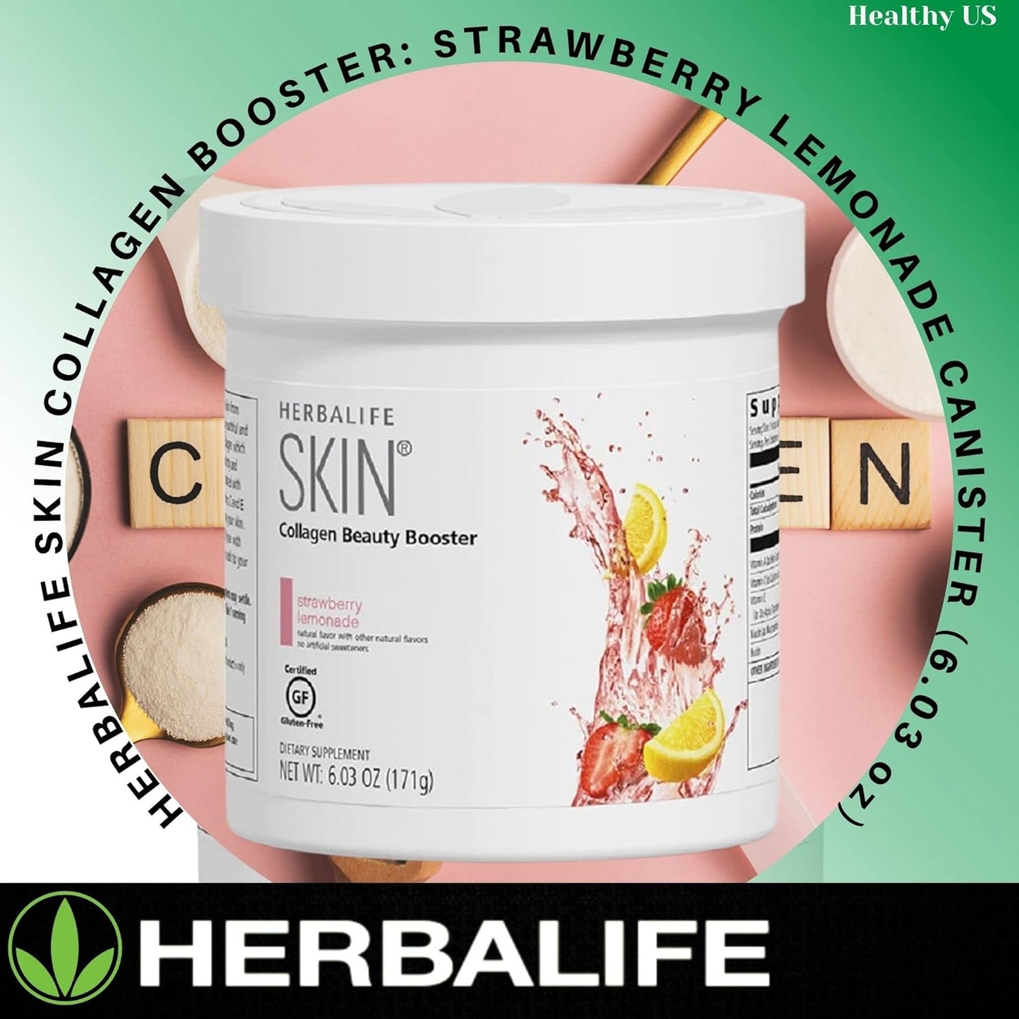 Herbalife Skin Collagen Beauty Booster Lemonade Strawberry Flavor 6.03 Oz - Natural Ingredients, Gluten-Free, No Artificial Sweeteners