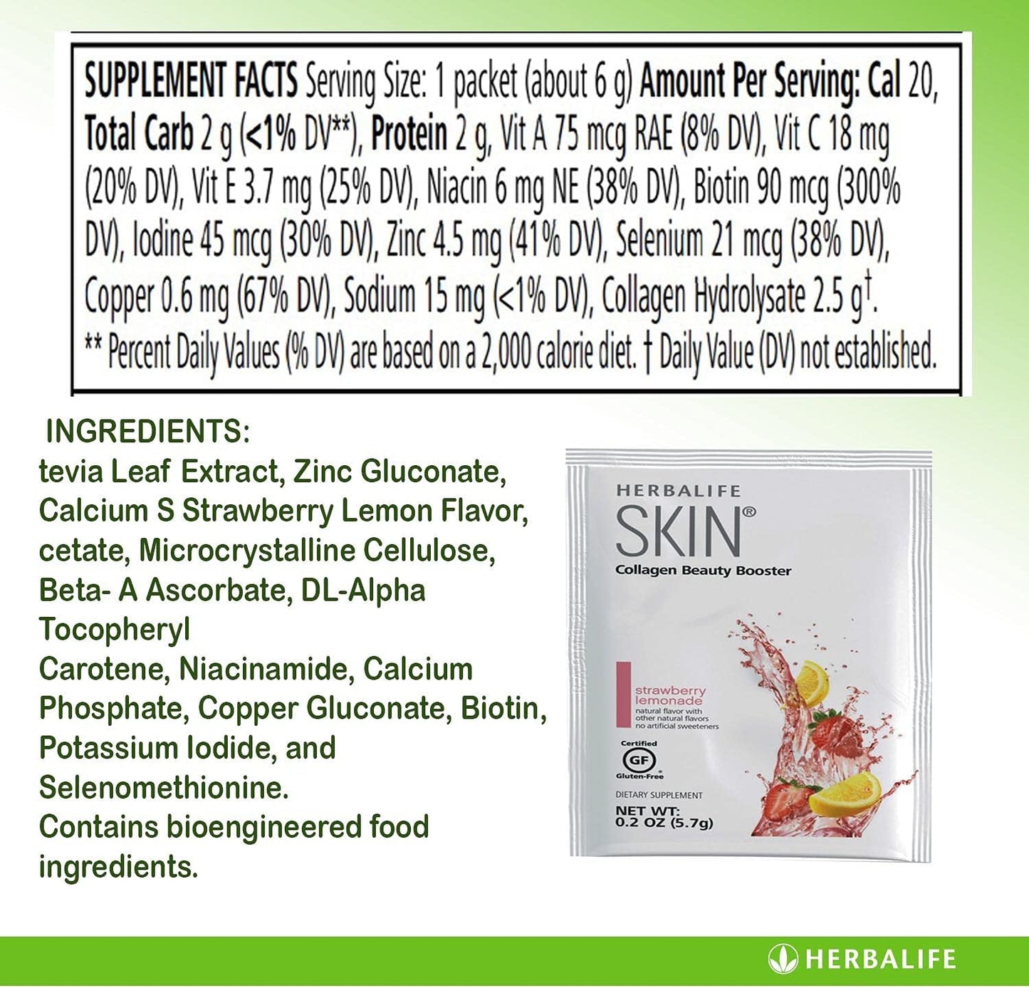 Herbalife Skin Collagen Beauty Booster Lemonade Strawberry Flavor - 30 Packets, Gluten-Free & No Artificial Ingredients