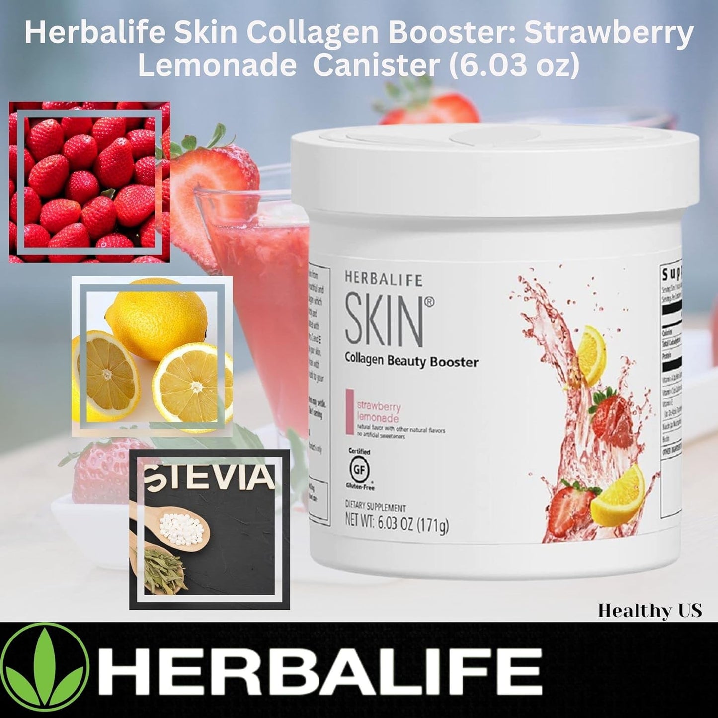 Herbalife Skin Collagen Beauty Booster Lemonade Strawberry Flavor 6.03 Oz - Natural Ingredients, Gluten-Free, No Artificial Sweeteners