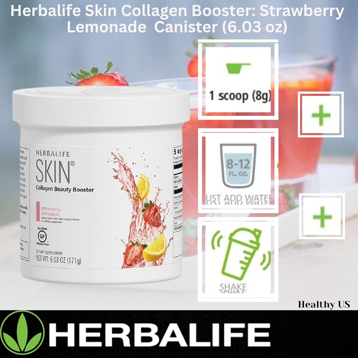 Herbalife Skin Collagen Beauty Booster Lemonade Strawberry Flavor 6.03 Oz - Natural Ingredients, Gluten-Free, No Artificial Sweeteners