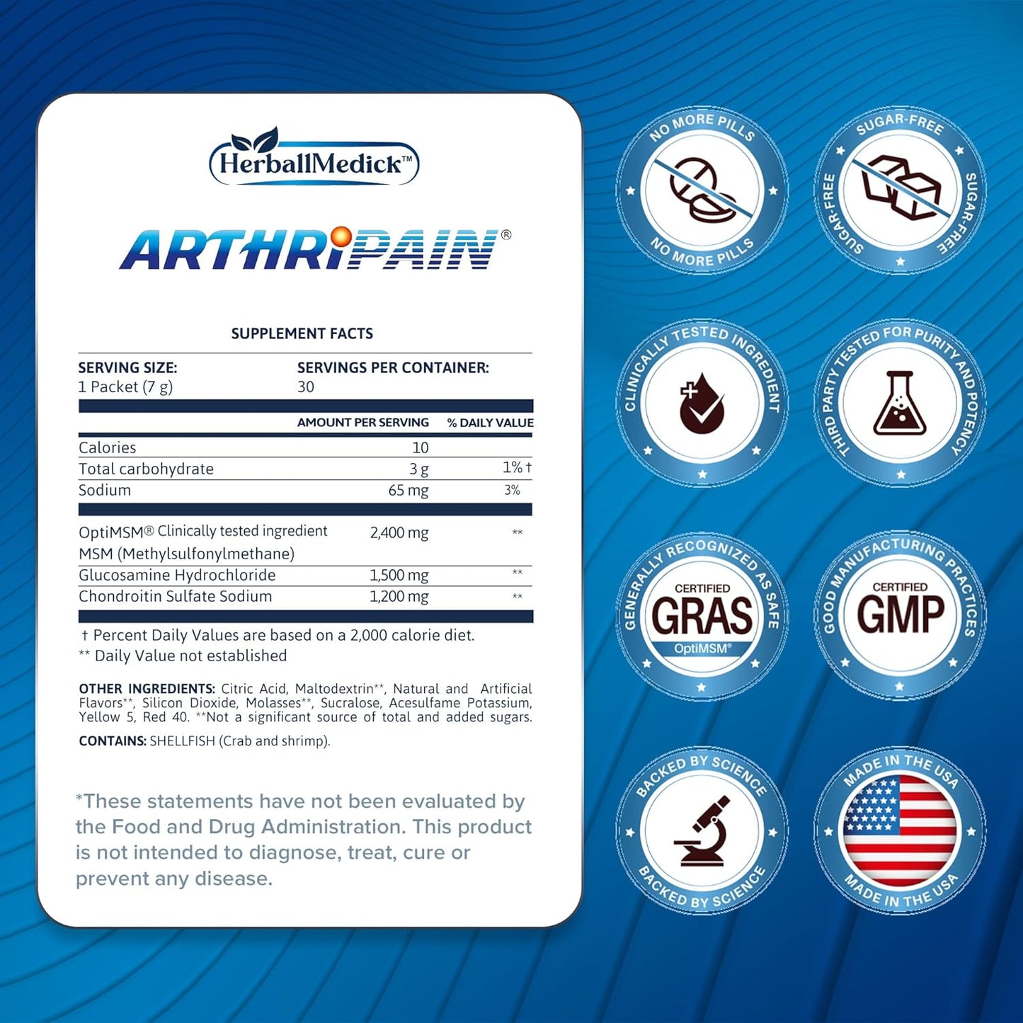 HerballMedick Arthripain Joint Support Supplement with Glucosamine Chondroitin MSM - Clinically Tested for Ligament Relief and Cartilage Repair - 30ct Sugar-Free Capsules from US