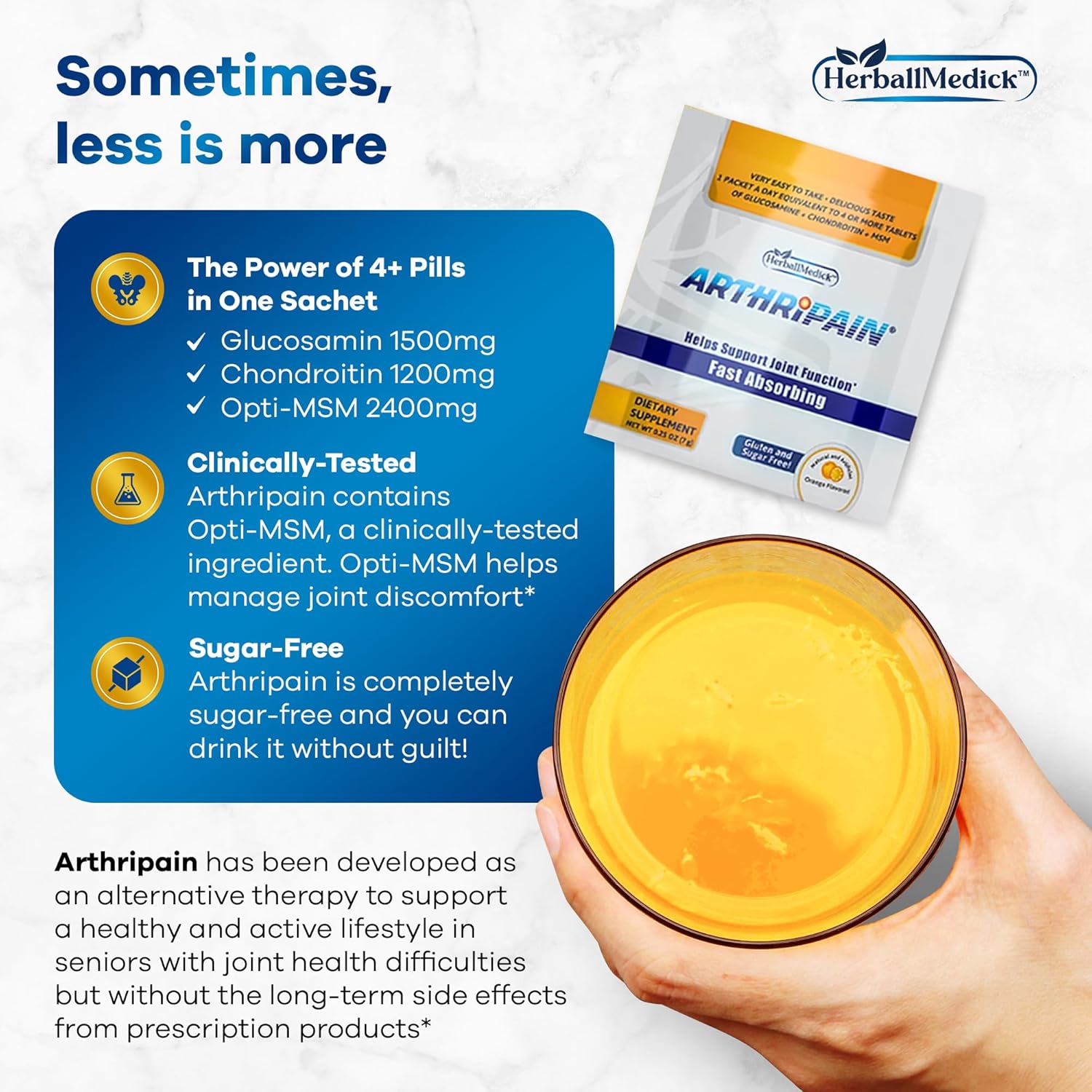 HerballMedick Arthripain Joint Support Supplement with Glucosamine Chondroitin MSM - Clinically Tested for Ligament Relief and Cartilage Repair - 30ct Sugar-Free Capsules from US