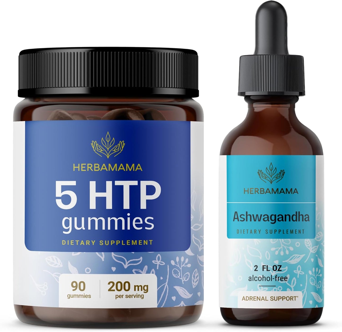 Herbamama 5-HTP and Ashwagandha Bundle - 200mg Gummies & 2 fl oz Liquid Drops - Vegan, Non-GMO - 2 Pack