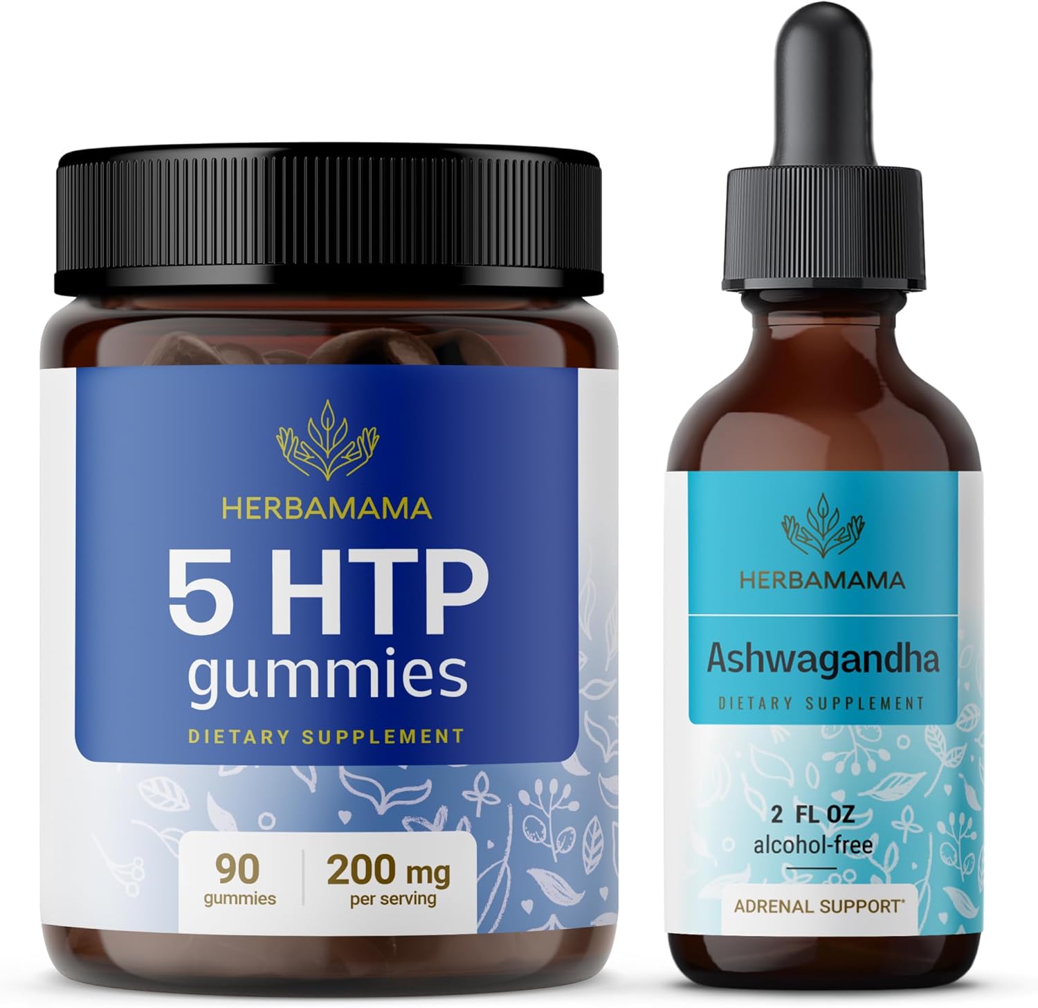 Herbamama 5-HTP and Ashwagandha Bundle - 200mg Gummies & 2 fl oz Liquid Drops - Vegan, Non-GMO - 2 Pack