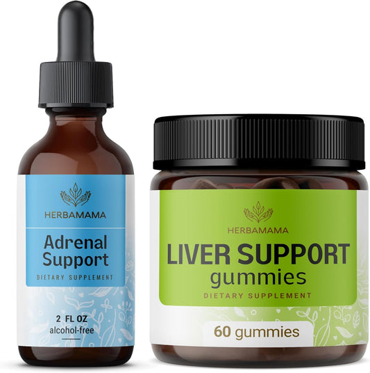 Herbamama Adrenal Support and Liver Support Bundle - Liquid Complex & Herbal Gummies - Vegan & Non-GMO - 2 Pack