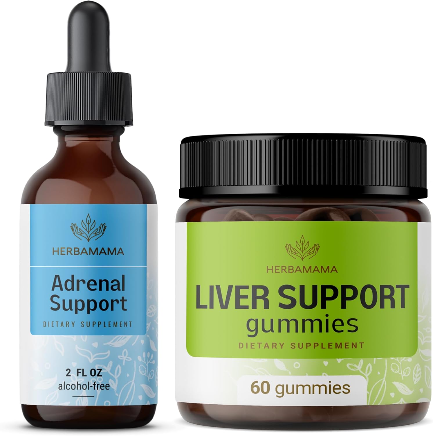 Herbamama Adrenal Support and Liver Support Bundle - Liquid Complex & Herbal Gummies - Vegan & Non-GMO - 2 Pack