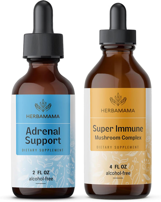 HERBAMAMA Adrenal Support & Super Immune Mushroom Bundle - Liquid Complex & Drops - Vegan, Non-GMO, Sugar & Alcohol-Free - 2 Pack