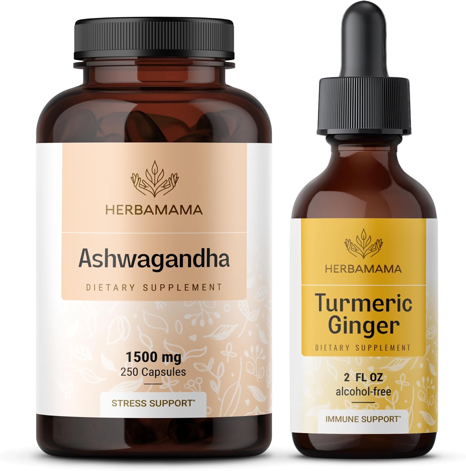 HERBAMAMA Ashwagandha Root Capsules and Turmeric Ginger Tincture Bundle - 1500mg Capsules and 2 fl oz Tincture - Vegan, Non-GMO, Sugar & Alcohol-Free - 2 Pack