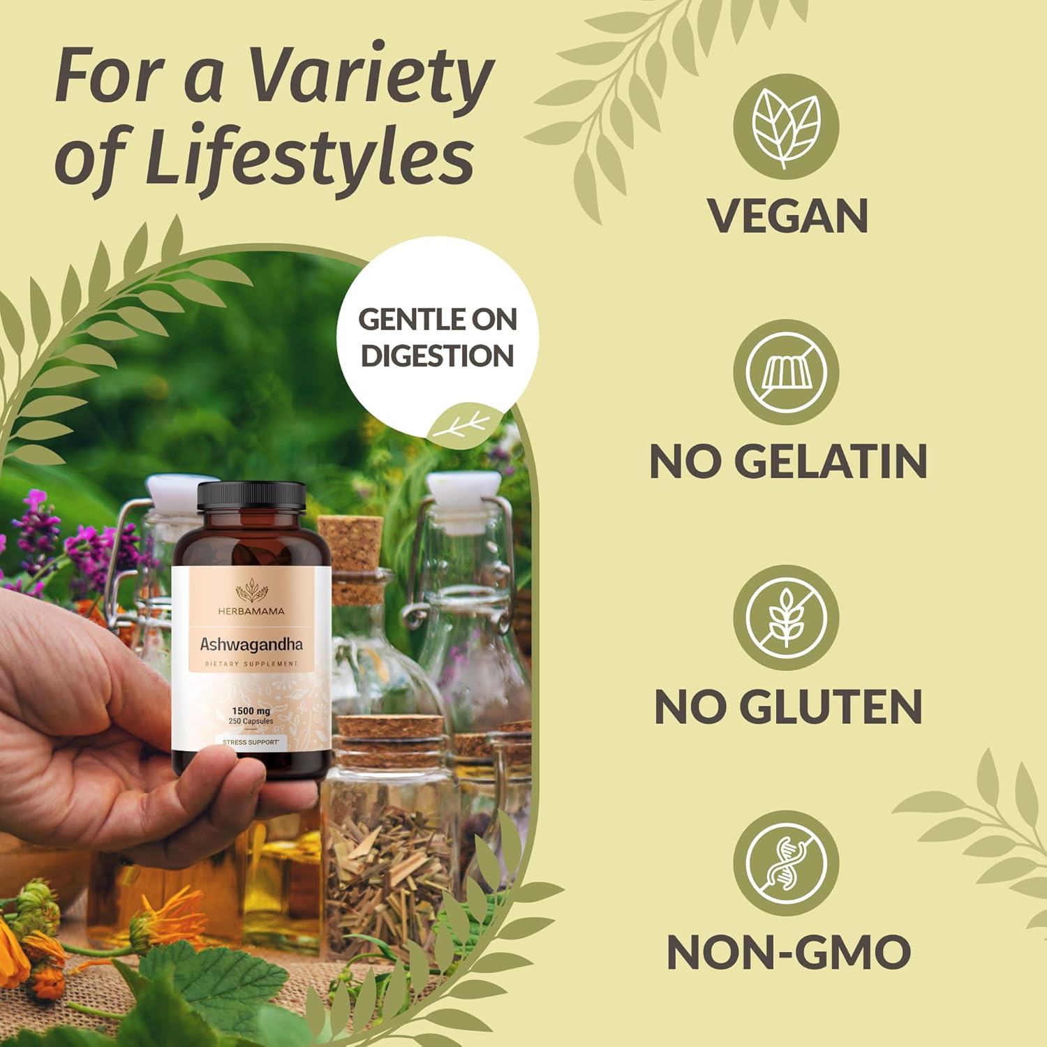 HERBAMAMA Ashwagandha Root Capsules and Turmeric Ginger Tincture Bundle - 1500mg Capsules and 2 fl oz Tincture - Vegan, Non-GMO, Sugar & Alcohol-Free - 2 Pack