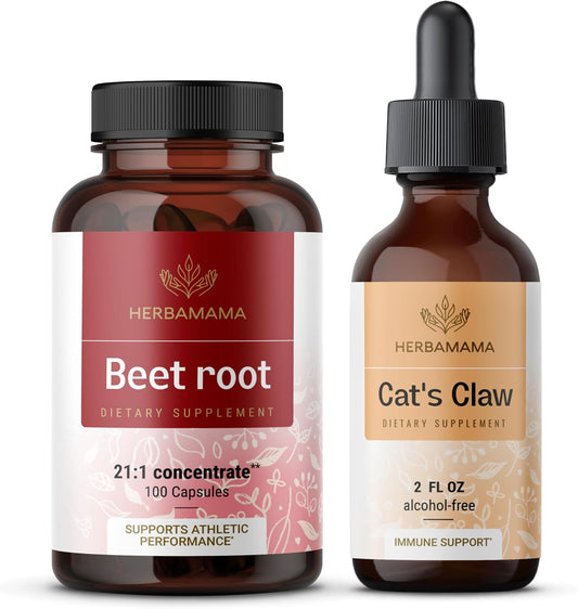 HERBAMAMA Beet Root and Cat's Claw Tincture Bundle - 2 fl oz Concentrate - Vegan, Non-GMO, Sugar & Alcohol-Free - 2 Pack