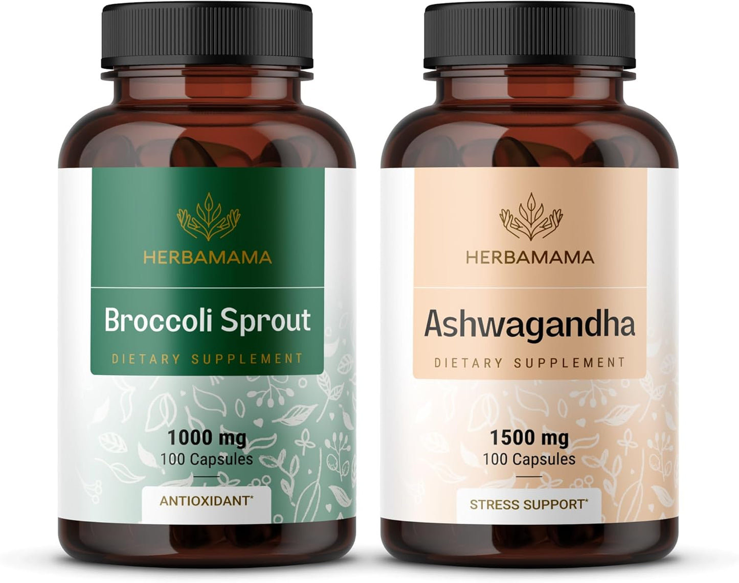 HERBAMAMA Broccoli Sprout and Ashwagandha Root Capsules Bundle - 1000 mg Broccoli Sprout & 1500 mg Ashwagandha Root - Vegan, Non-GMO, Sugar & Gelatin-Free - 2 Pack