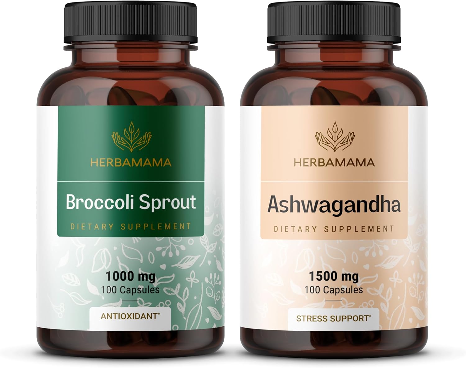 HERBAMAMA Broccoli Sprout and Ashwagandha Root Capsules Bundle - 1000 mg Broccoli Sprout & 1500 mg Ashwagandha Root - Vegan, Non-GMO, Sugar & Gelatin-Free - 2 Pack