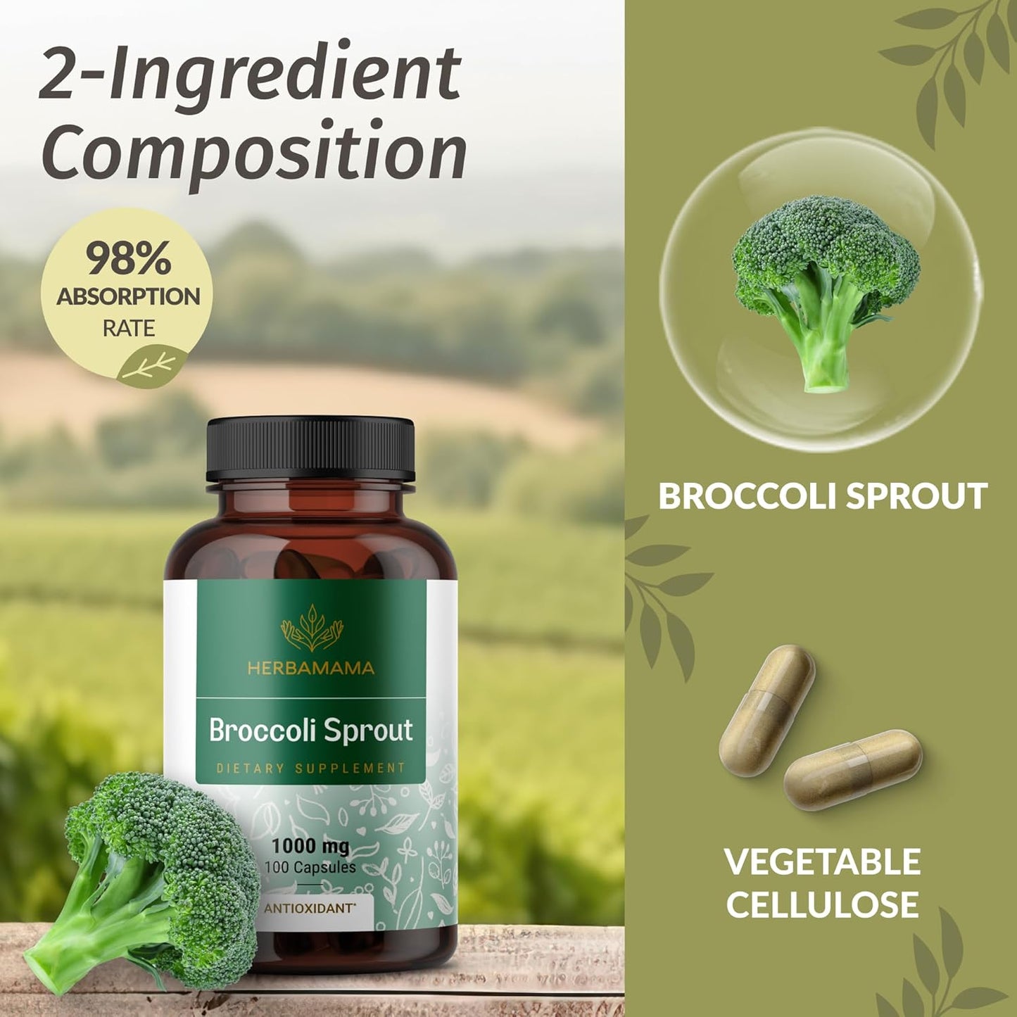 HERBAMAMA Broccoli Sprout and Ashwagandha Root Capsules Bundle - 1000 mg Broccoli Sprout & 1500 mg Ashwagandha Root - Vegan, Non-GMO, Sugar & Gelatin-Free - 2 Pack