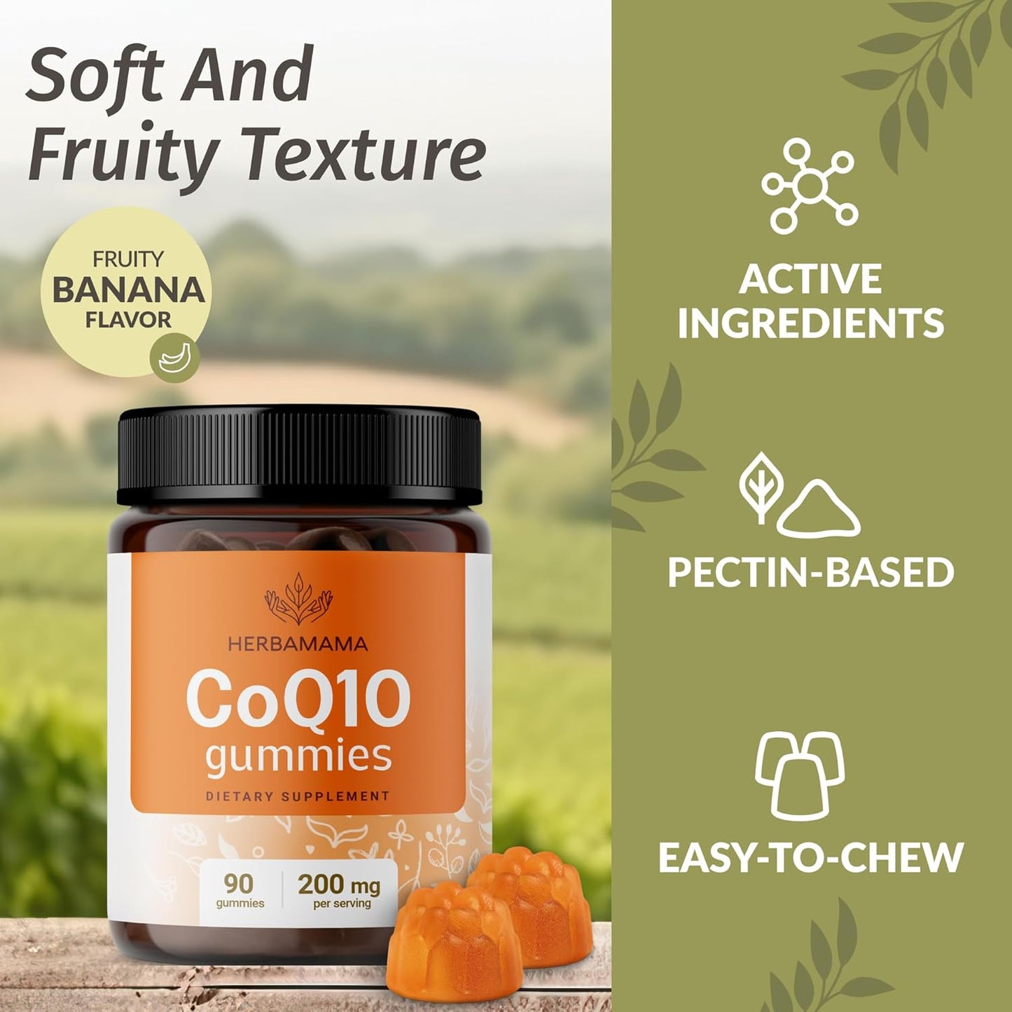 Herbamama CoQ10 Gummies: 200mg Coenzyme Q10 Antioxidant & Energy Support - Vegan, Non-GMO - 90 Banana Chews