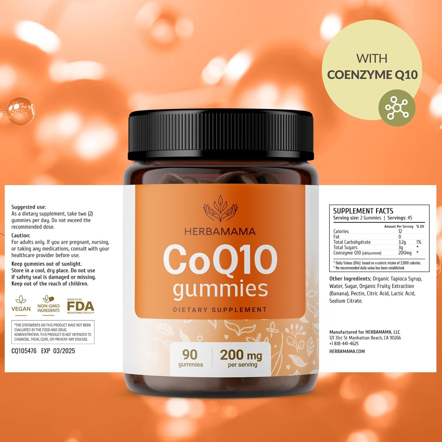 Herbamama CoQ10 Gummies: 200mg Coenzyme Q10 Antioxidant & Energy Support - Vegan, Non-GMO - 90 Banana Chews