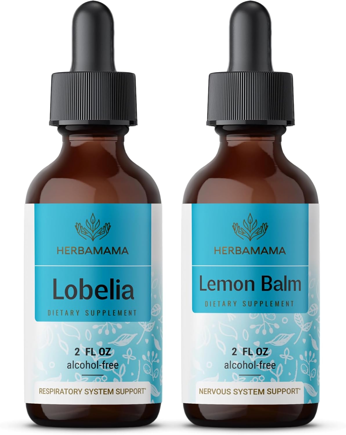 Herbamama Herbal Liquid Drops Bundle - Lobelia Extract & Lemon Balm Tincture - 2oz - Vegan, Non-GMO, Sugar & Alcohol-Free - 2 Pack