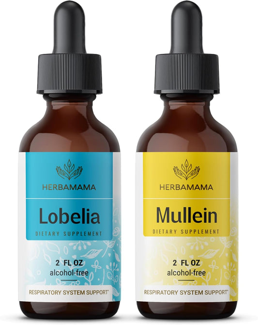 Herbamama Herbal Liquid Drops Kit - Lobelia Extract and Mullein Leaf Tincture Bundle - 2 fl oz x 2 - Vegan, Non-GMO, Sugar & Alcohol-Free