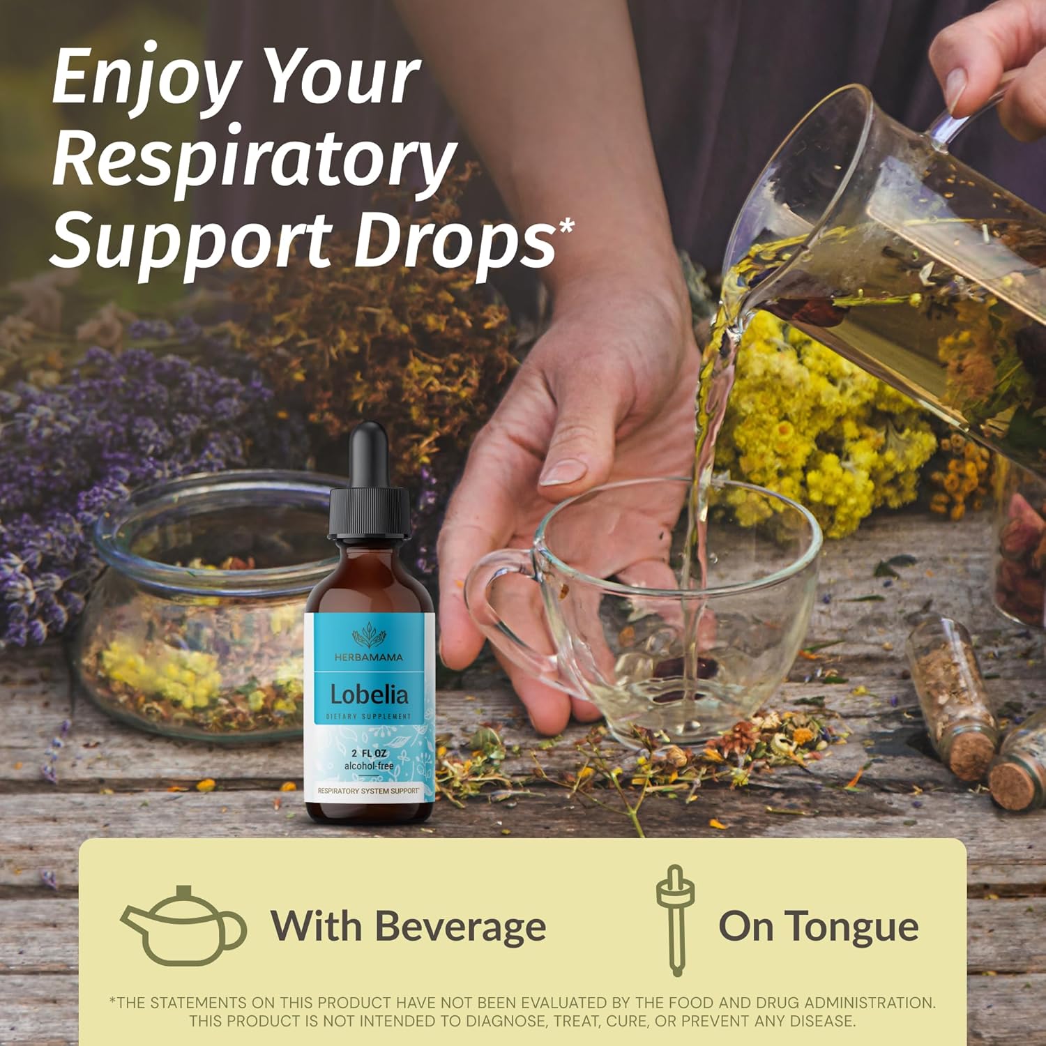 Herbamama Herbal Liquid Drops Kit - Lobelia Extract and Mullein Leaf Tincture Bundle - 2 fl oz x 2 - Vegan, Non-GMO, Sugar & Alcohol-Free