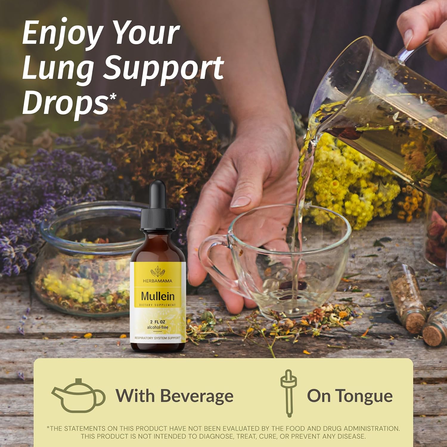 Herbamama Herbal Liquid Drops Kit - Lobelia Extract and Mullein Leaf Tincture Bundle - 2 fl oz x 2 - Vegan, Non-GMO, Sugar & Alcohol-Free