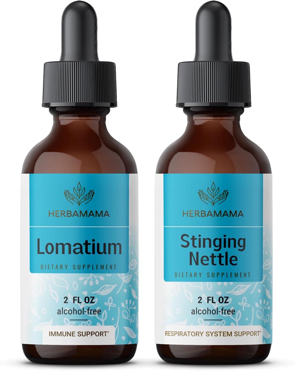 HERBAMAMA Herbal Liquid Drops Kit - Lomatium Root Extract and Stinging Nettle Tincture Bundle - 2 fl oz x 2 - Vegan, Non-GMO, Sugar & Alcohol-Free