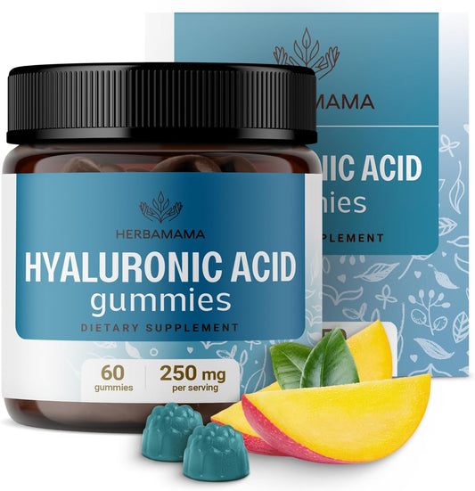 HERBAMAMA Hyaluronic Acid Gummies - 250mg Pure Supplement for Hair, Skin & Nails - Vegan Mango Chews for Skin Elasticity - Non-GMO Beauty Support - 60 Pectin-Based Gummies