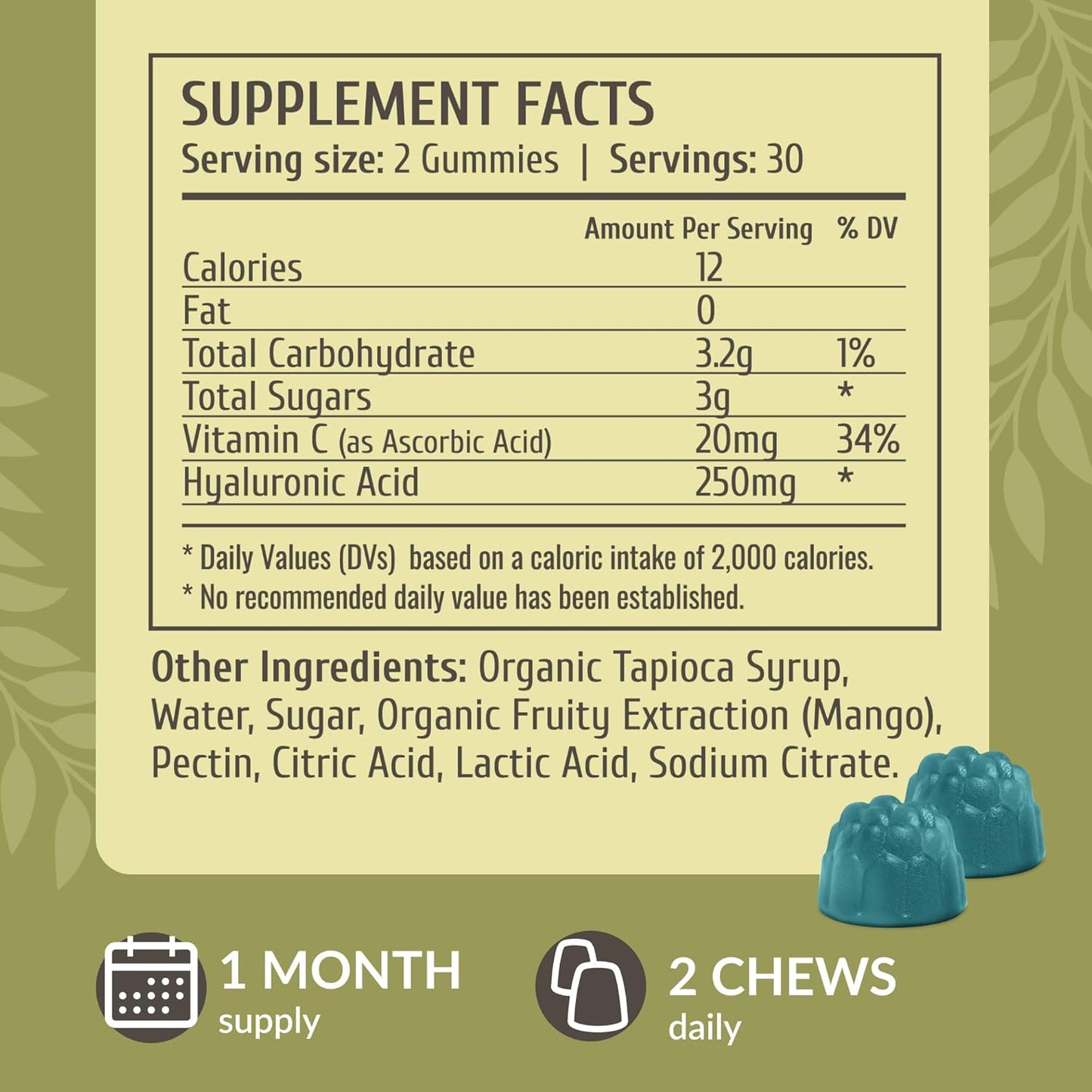 HERBAMAMA Hyaluronic Acid Gummies - 250mg Pure Supplement for Hair, Skin & Nails - Vegan Mango Chews for Skin Elasticity - Non-GMO Beauty Support - 60 Pectin-Based Gummies