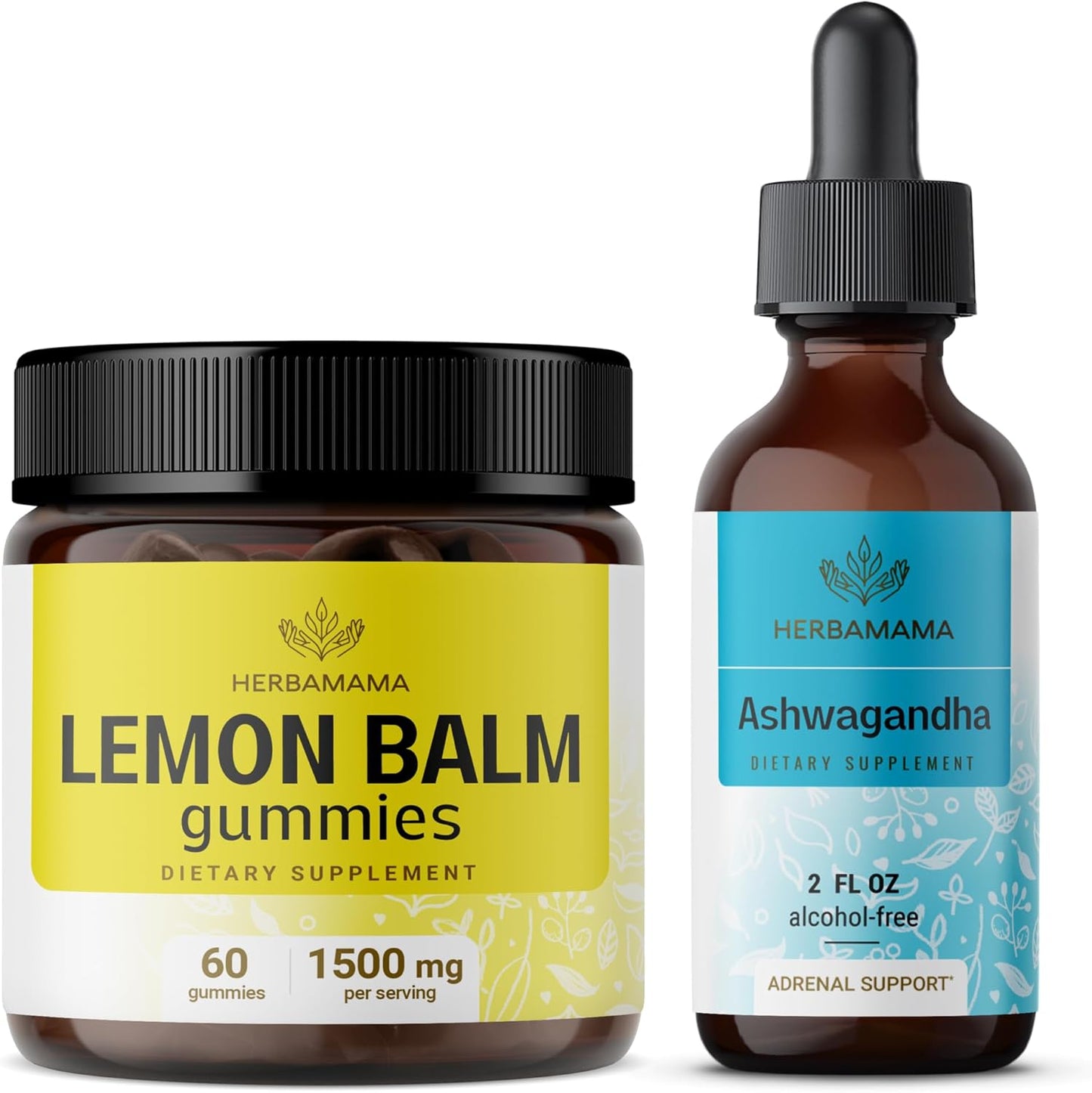 Herbamama Lemon Balm Gummies & Ashwagandha Drops Bundle - Vegan, Non-GMO, Alcohol & Gelatin-Free - 2 Pack