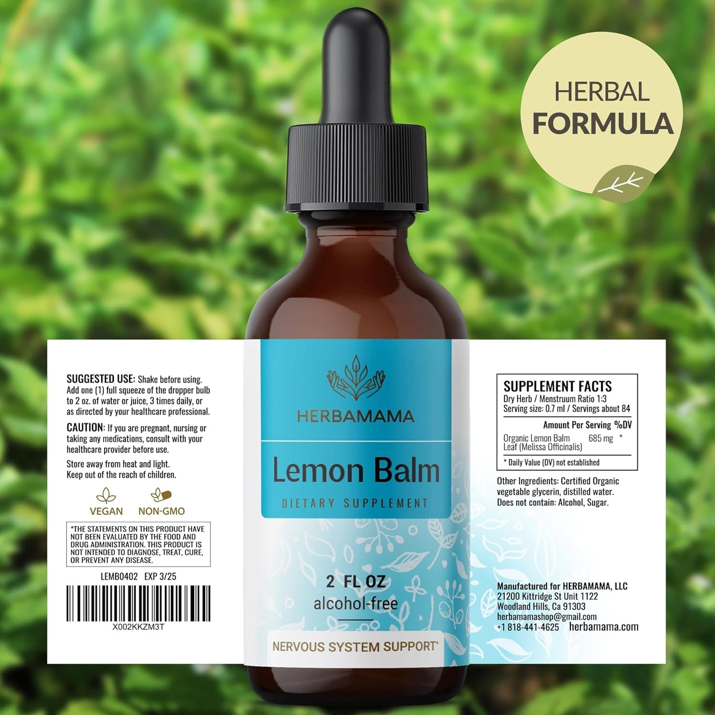 HERBAMAMA Lemon Balm Tincture - Vegan Calming Drops with Melissa Officinalis Extract - Non-GMO Liquid Relaxation Supplement, 28-Day Supply