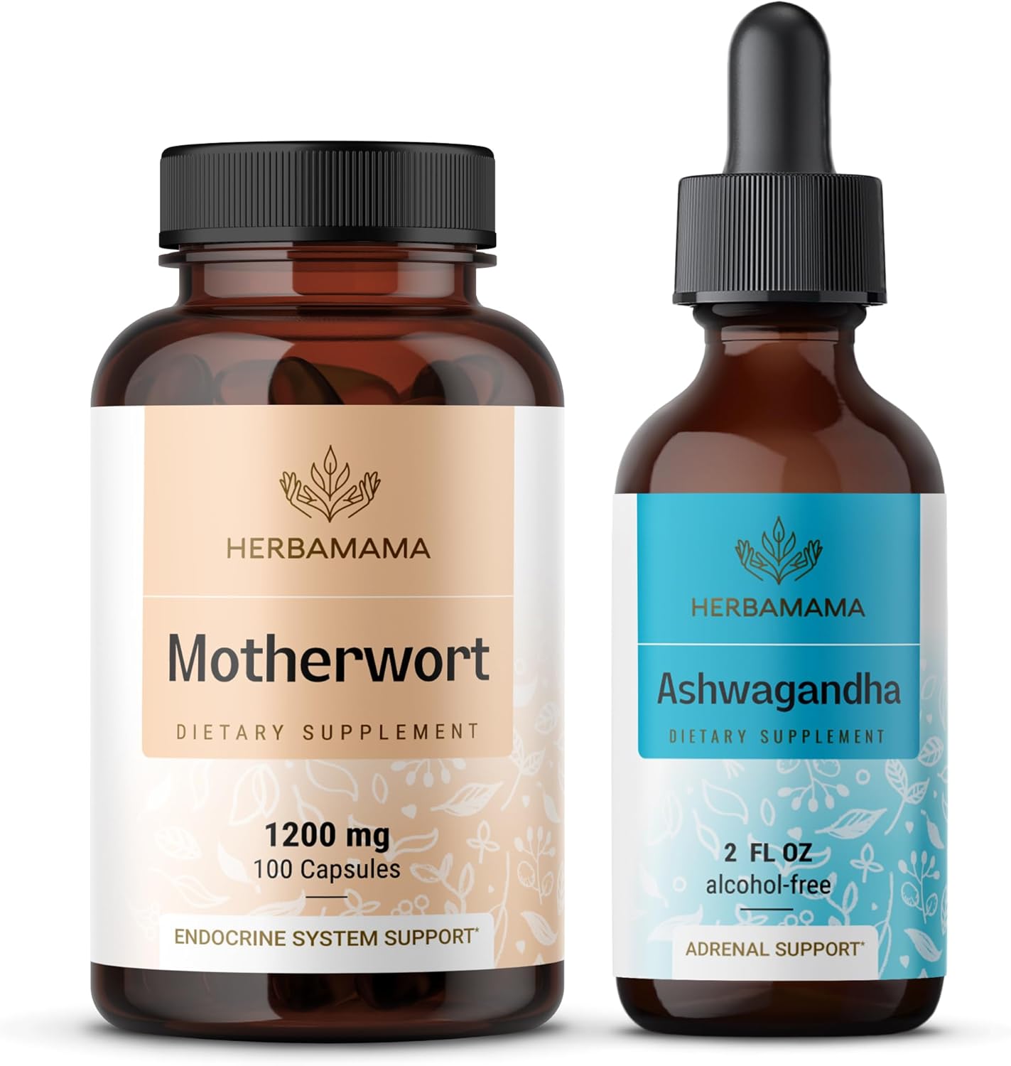 Herbamama Motherwort & Ashwagandha Bundle - 1200mg Capsules & Liquid Drops - Vegan, Non-GMO, Sugar & Alcohol-Free - 2 Pack