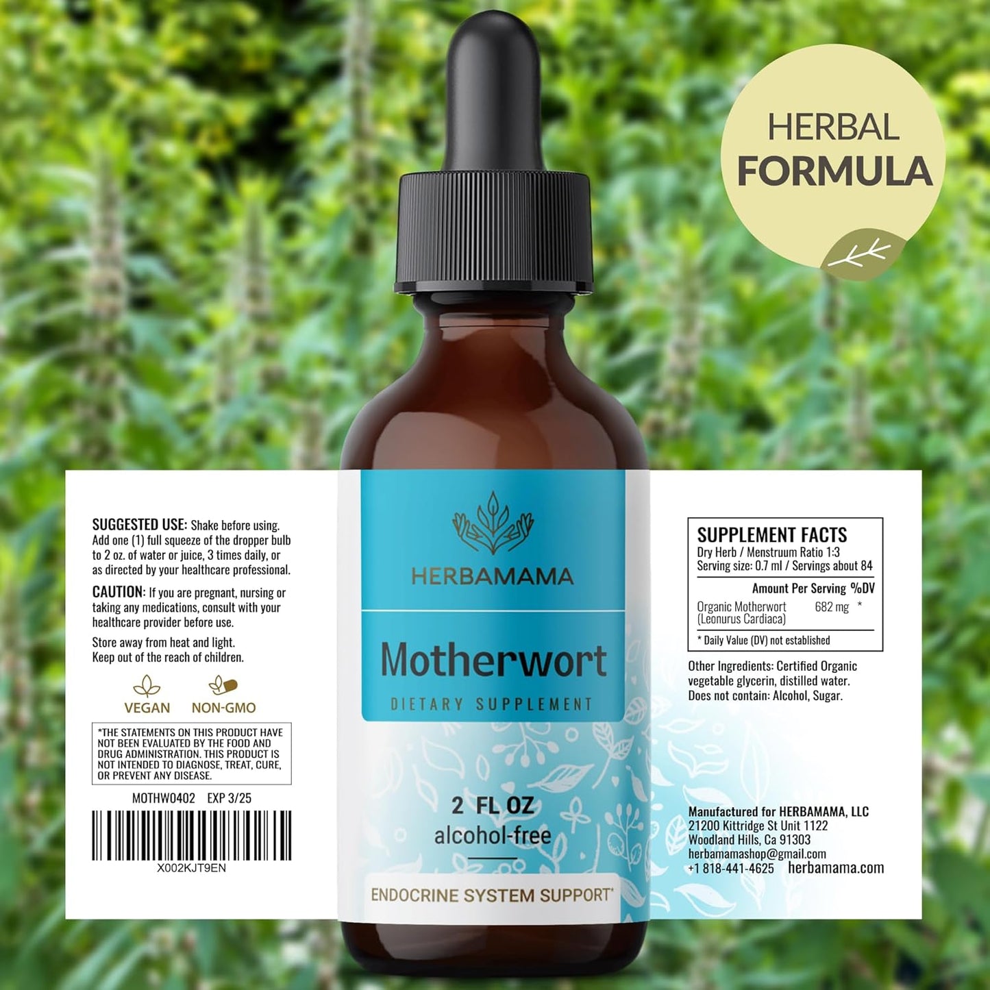 HERBAMAMA Motherwort Tincture - Vegan Herb Extract Drops for Women's Support - Non-GMO Liquid Relaxation Supplement, 28-Day Supply