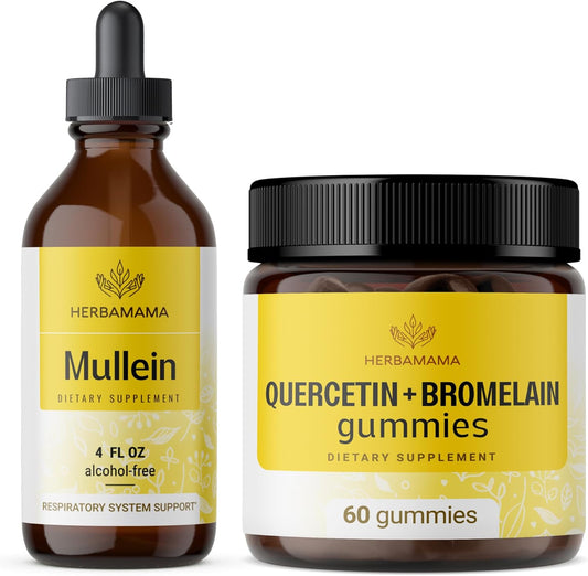 HERBAMAMA Mullein Leaf Extract and Quercetin Gummies Bundle - Includes 4 fl oz Mullein Leaf Drops and 800 mg Quercetin with Bromelain Gummies - Vegan, Non-GMO, Alcohol-Free - 2 Pack