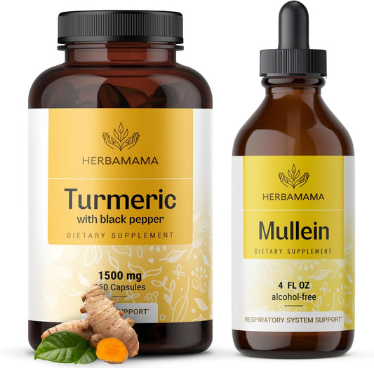 HERBAMAMA Turmeric Curcumin Capsules and Mullein Leaf Extract Tincture Bundle - 1500 mg, Vegan, Non GMO, Sugar & Alcohol-Free - 2 Pack - BoostGo Australia