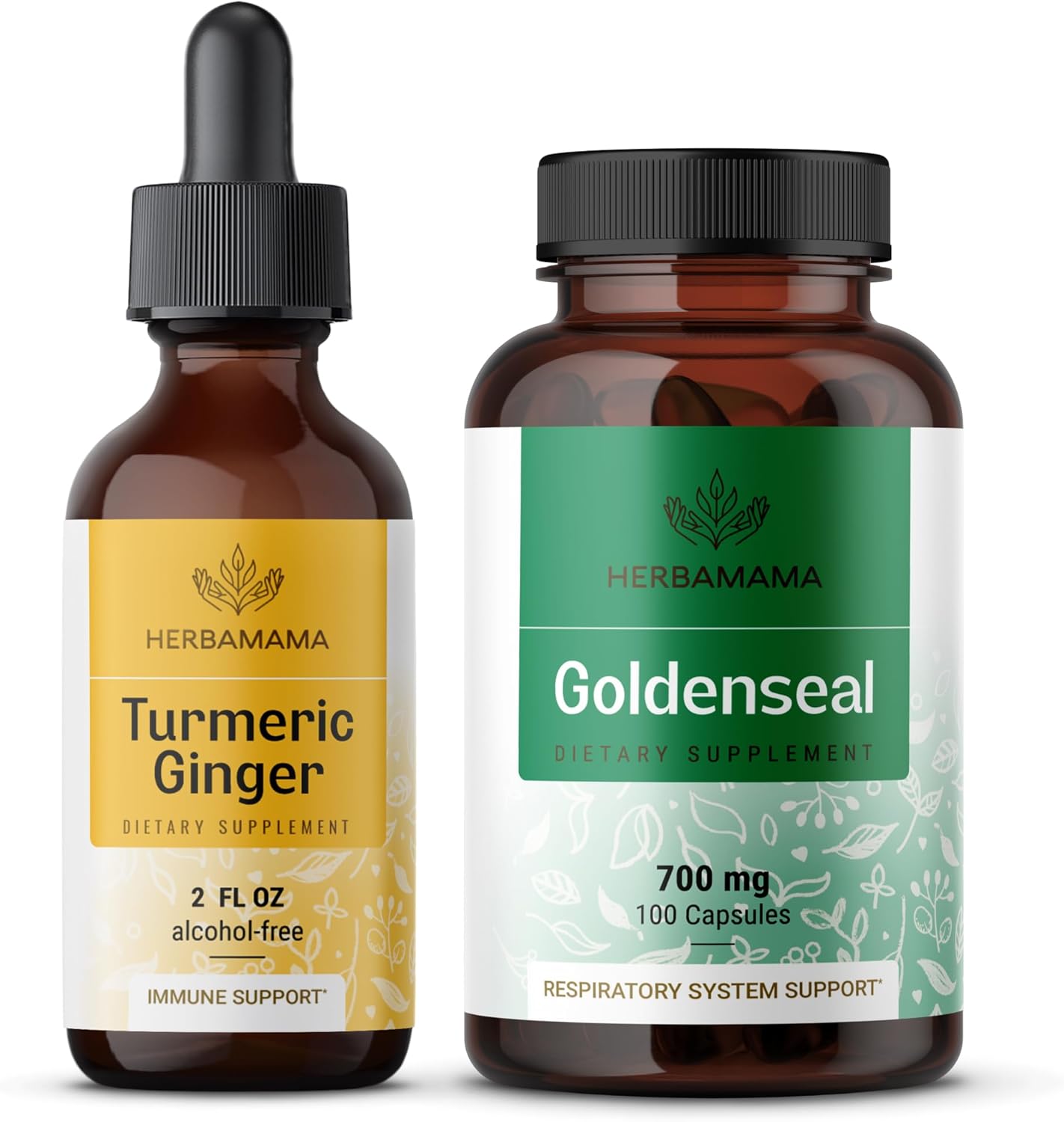 HERBAMAMA Turmeric Ginger and Goldenseal Bundle - Tincture and Capsules - Vegan, Non GMO, Sugar & Alcohol-Free - 2 Pack