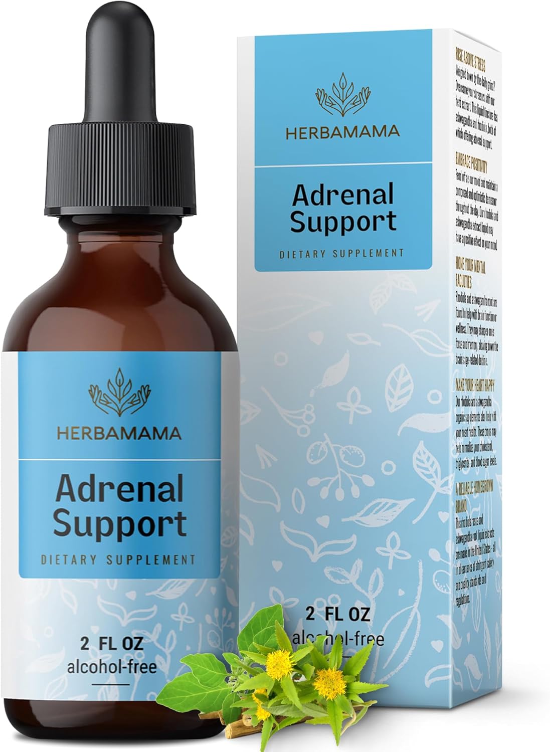 Herbamama Vegan Adrenal Support Drops with Ashwagandha & Rhodiola - Non-GMO Energy Supplement, 28-Day Supply