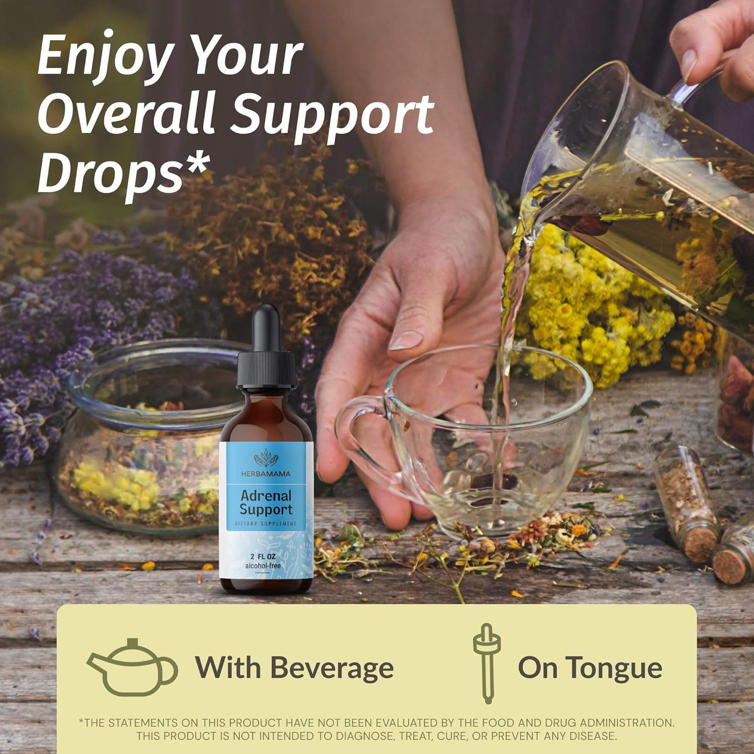 Herbamama Vegan Adrenal Support Drops with Ashwagandha & Rhodiola - Non-GMO Energy Supplement, 28-Day Supply