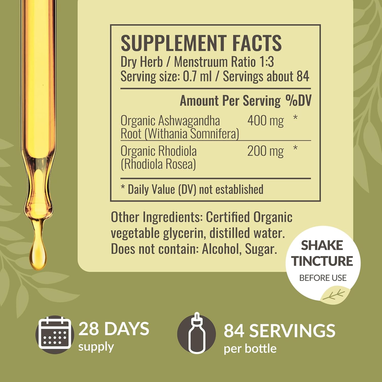 Herbamama Vegan Adrenal Support Drops with Ashwagandha & Rhodiola - Non-GMO Energy Supplement, 28-Day Supply