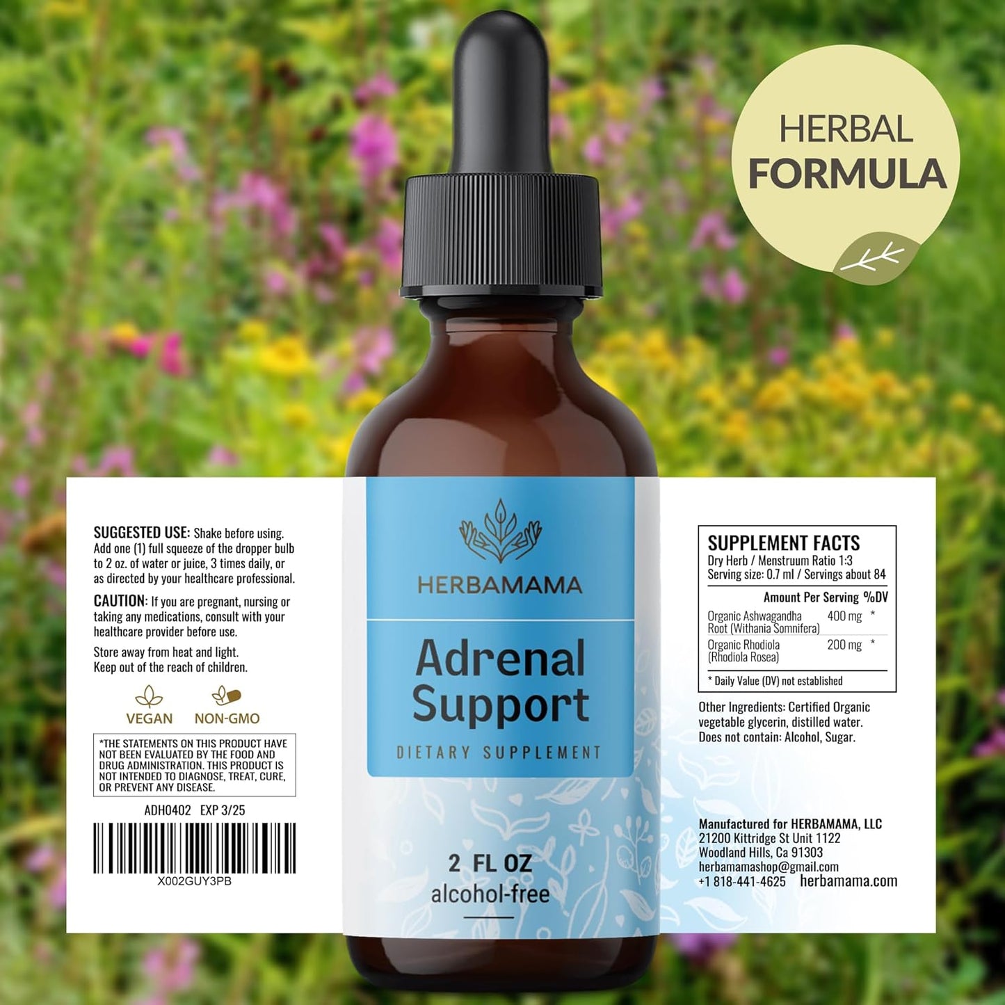 Herbamama Vegan Adrenal Support Drops with Ashwagandha & Rhodiola - Non-GMO Energy Supplement, 28-Day Supply