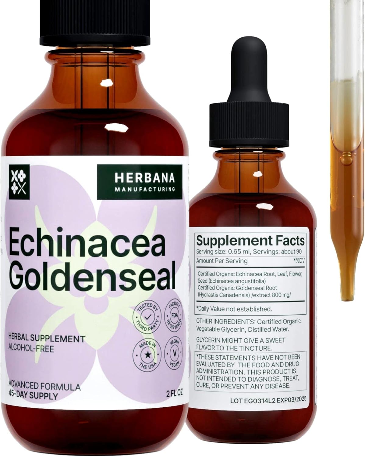 Herbana Manufacturing Echinacea and Goldenseal Liquid Extract - Immune Support Drops - Sleep and Energy Boost - High Potency - 45-Day Supply
