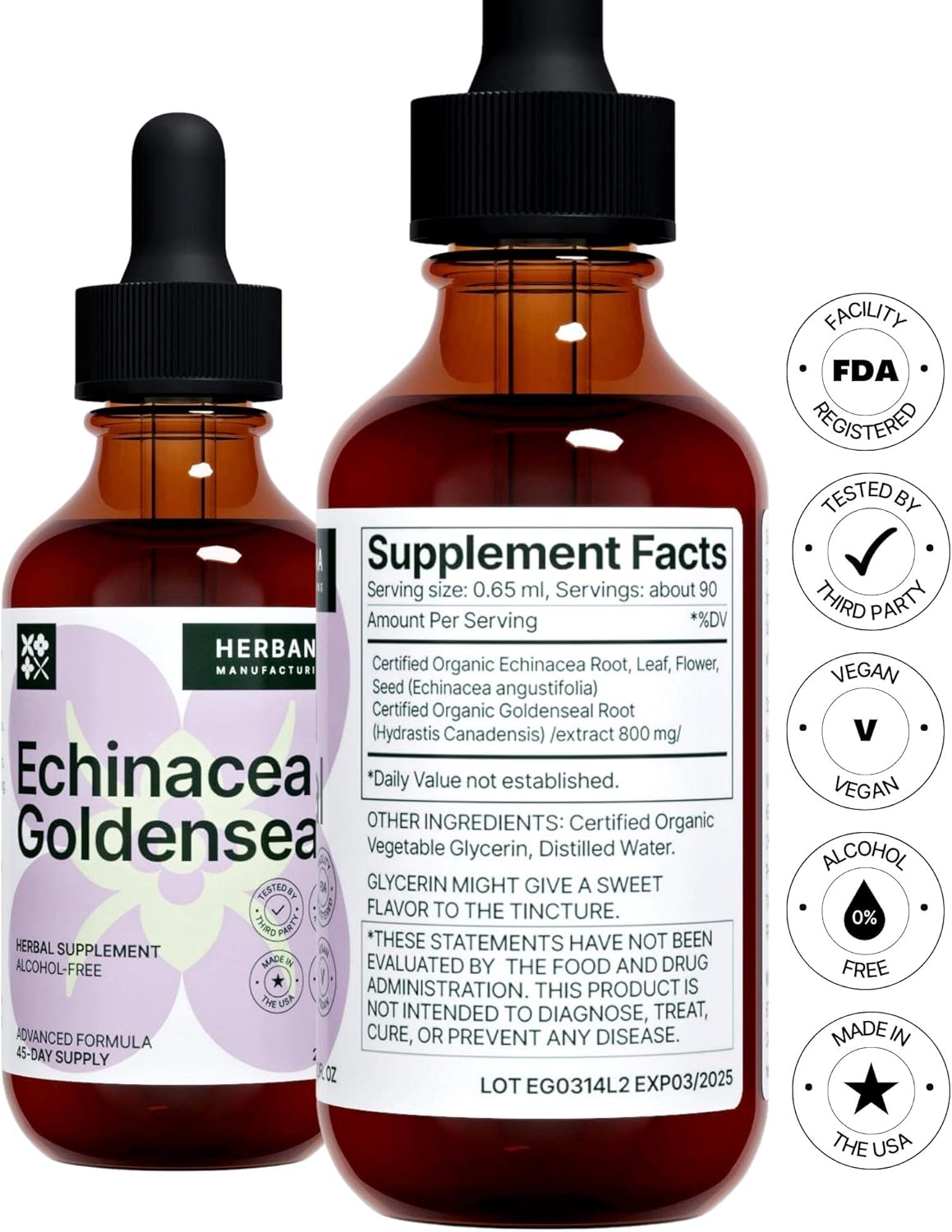 Herbana Manufacturing Echinacea and Goldenseal Liquid Extract - Immune Support Drops - Sleep and Energy Boost - High Potency - 45-Day Supply