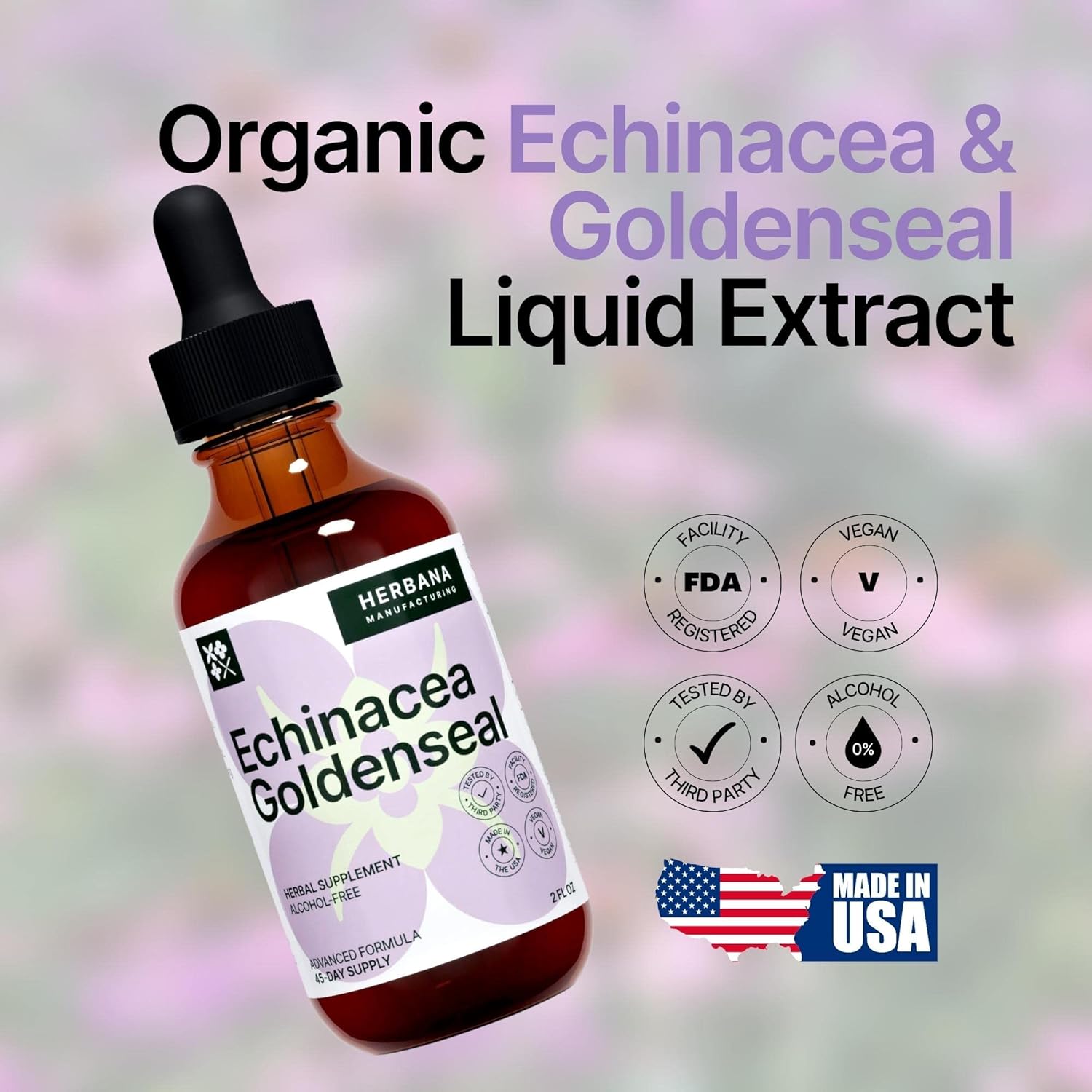Herbana Manufacturing Echinacea and Goldenseal Liquid Extract - Herbal Supplement for Immune Support, Sleep, and Energy Boost - High Potency Formula - 45-Day Supply