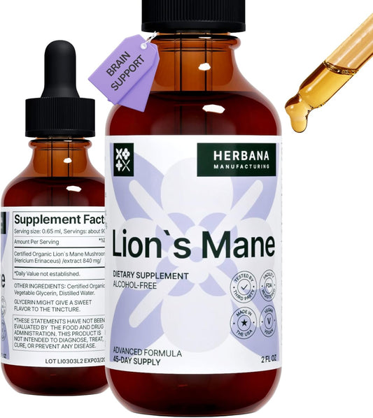 Herbana Manufacturing Lion's Mane Liquid Extract - Natural Mushroom Tincture for Brain Health - Immune Support & Mental Clarity - High Potency Formula - 45-Day Supply