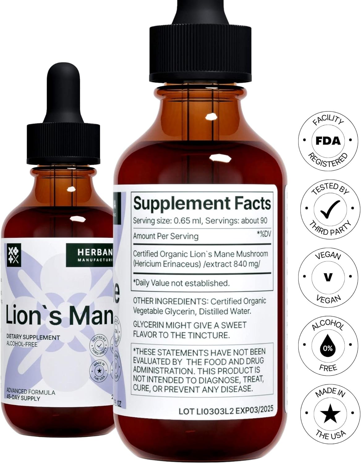 Herbana Manufacturing Lion's Mane Liquid Extract - Natural Mushroom Tincture for Brain Health - Immune Support & Mental Clarity - High Potency Formula - 45-Day Supply
