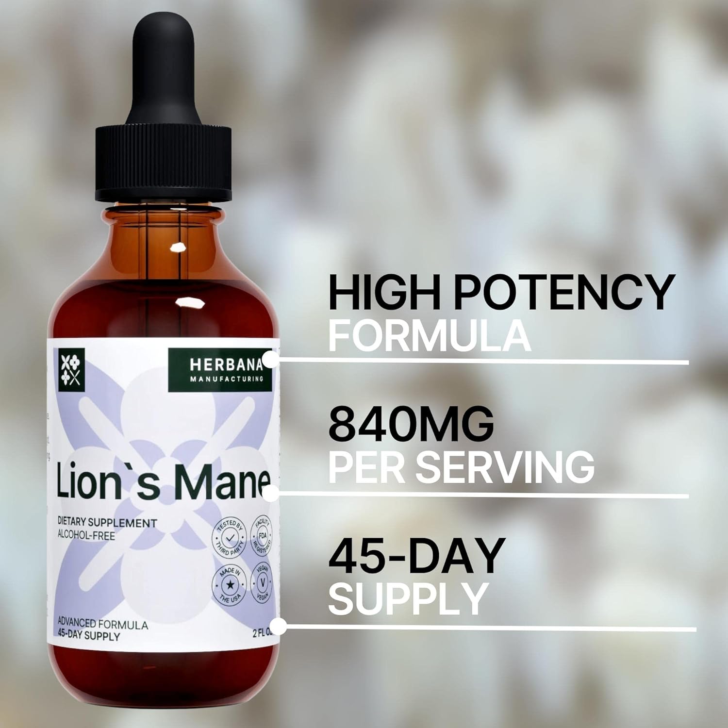 Herbana Manufacturing Lion's Mane Liquid Extract - Natural Mushroom Tincture for Brain Health - Immune Support & Mental Clarity - High Potency Formula - 45-Day Supply