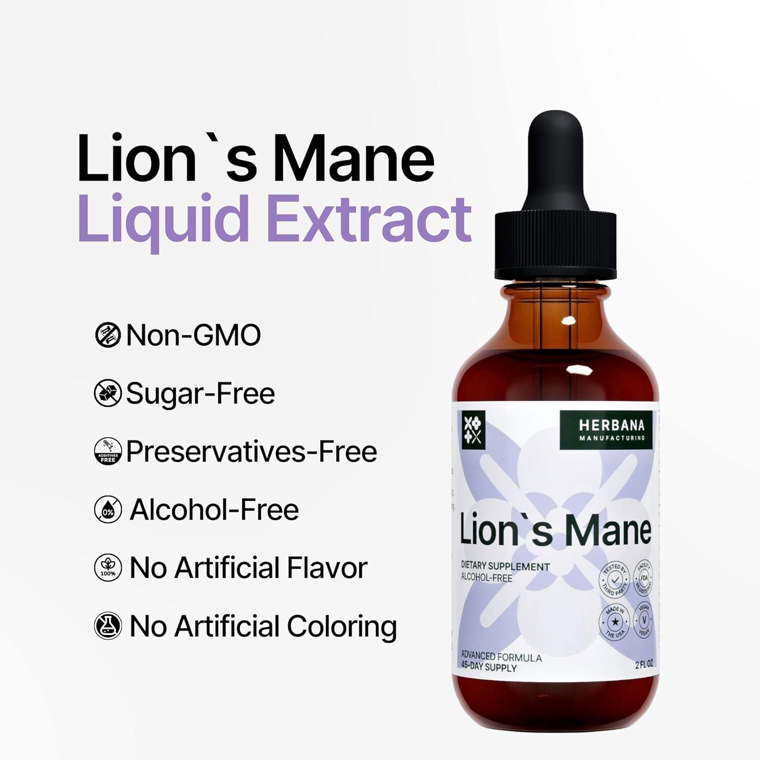 Herbana Manufacturing Lion's Mane Liquid Extract - Natural Mushroom Tincture for Brain Health - Immune Support & Mental Clarity - High Potency Formula - 45-Day Supply
