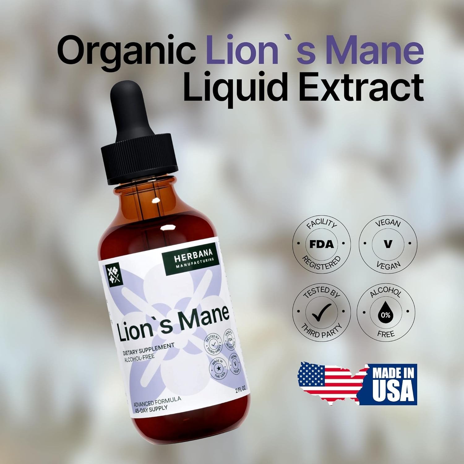 Herbana Manufacturing Lion's Mane Liquid Extract - Natural Mushroom Tincture for Brain Health - Immune Support & Mental Clarity - High Potency Formula - 45-Day Supply