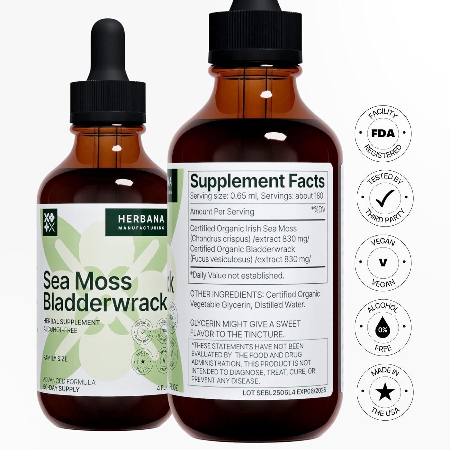 Herbana Manufacturing Sea Moss & Bladderwrack Liquid Extract - Superfood Immunity Booster - Thyroid & Digestion Support - High Potency 4 fl oz Formula
