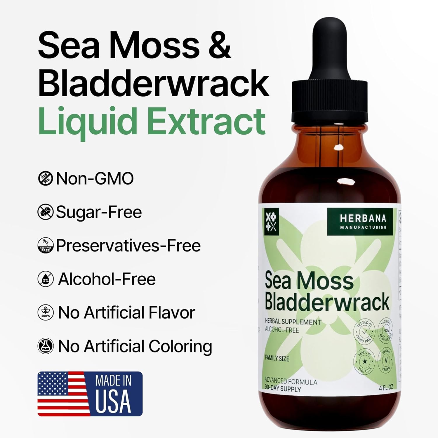 Herbana Manufacturing Sea Moss & Bladderwrack Liquid Extract - Superfood Immunity Booster - Thyroid & Digestion Support - High Potency 4 fl oz Formula